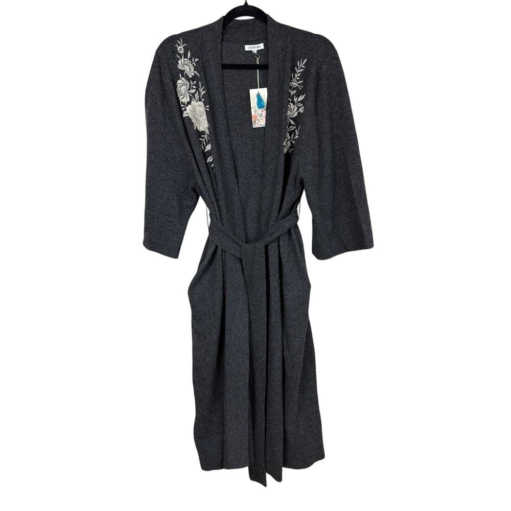 NWT Johnny Was Gray Embroidered Floral Cashmere Cardigan Size L